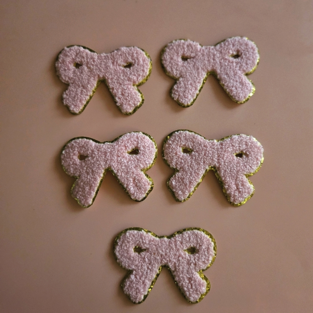 Valentine's Pink Bow Glitter Trim Iron Patches (5 pieces included)